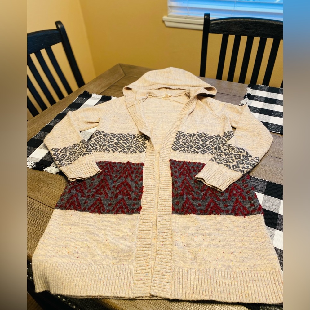 NWOT Items & Thread Hooded Burgundy & Grey Cardigan